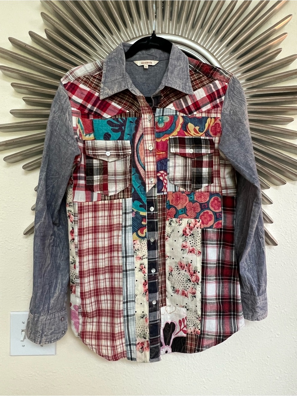 Sundance Medium Patchwork Plaid Floral Chambray Denim Button Down Boho Shirt